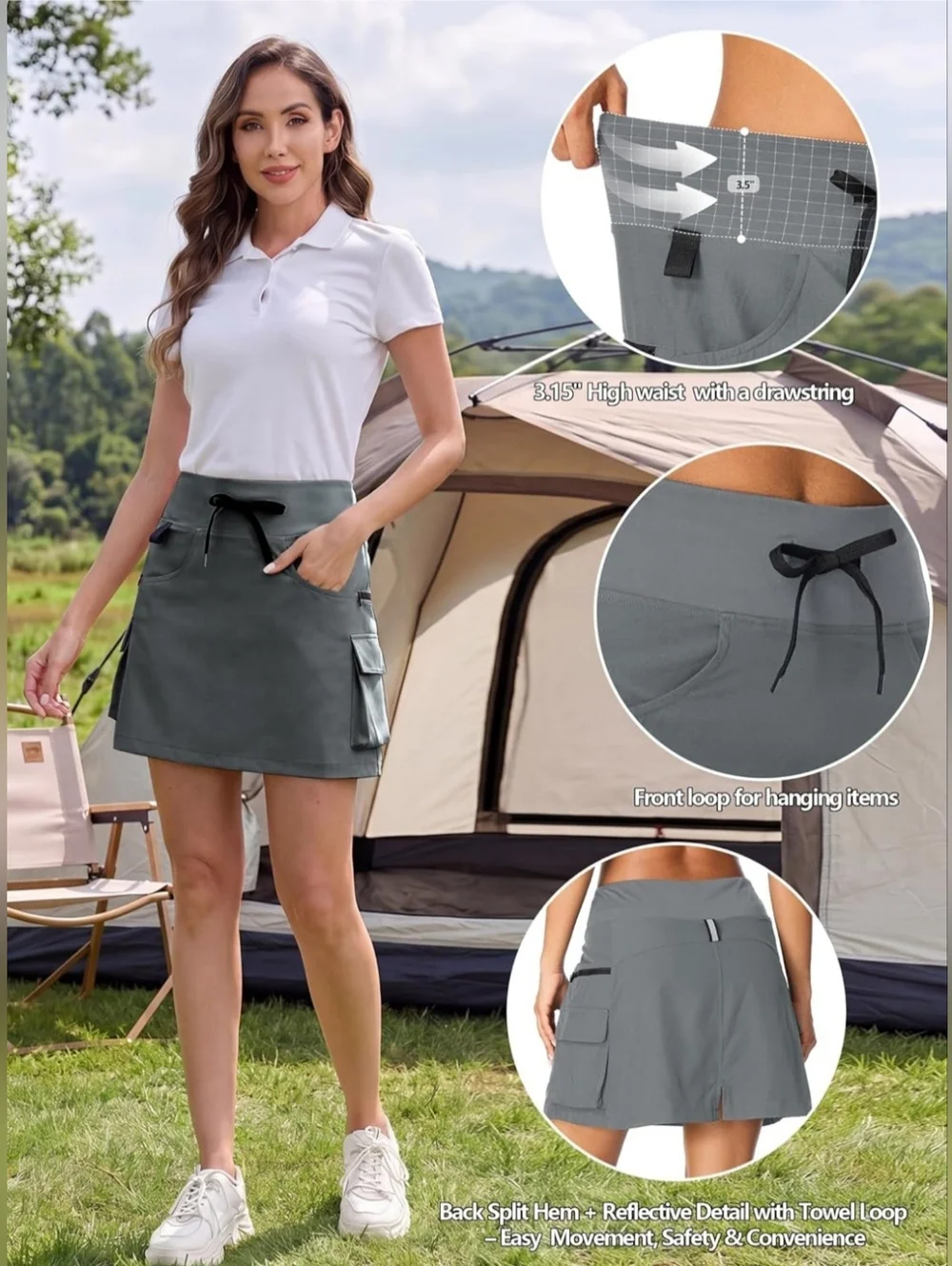NWT High Waisted Gray Cargo Skort w/ Pockets Athletic Golf Tennis Large